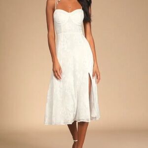 Loveliest Looks White Floral Jacquard Tie-Strap
Midi Dress
